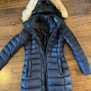 Andrew Marc Navy Puffer Coat with Faux Fur Hood